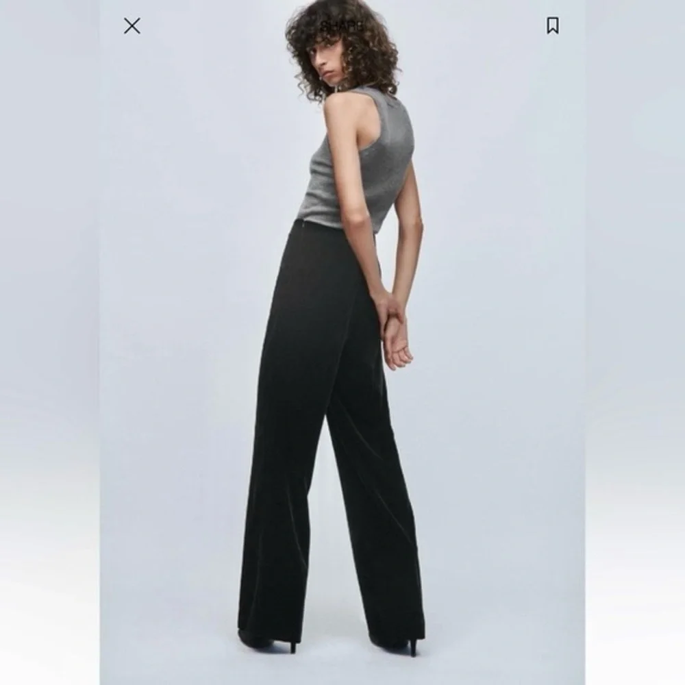 Zara NWT velvet velour black wide leg trouser pants side zip closure